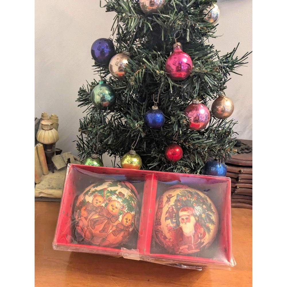 Set of 6 Vintage Christmas Ball Ornaments, Retro Santa Teddy Bear Baubles